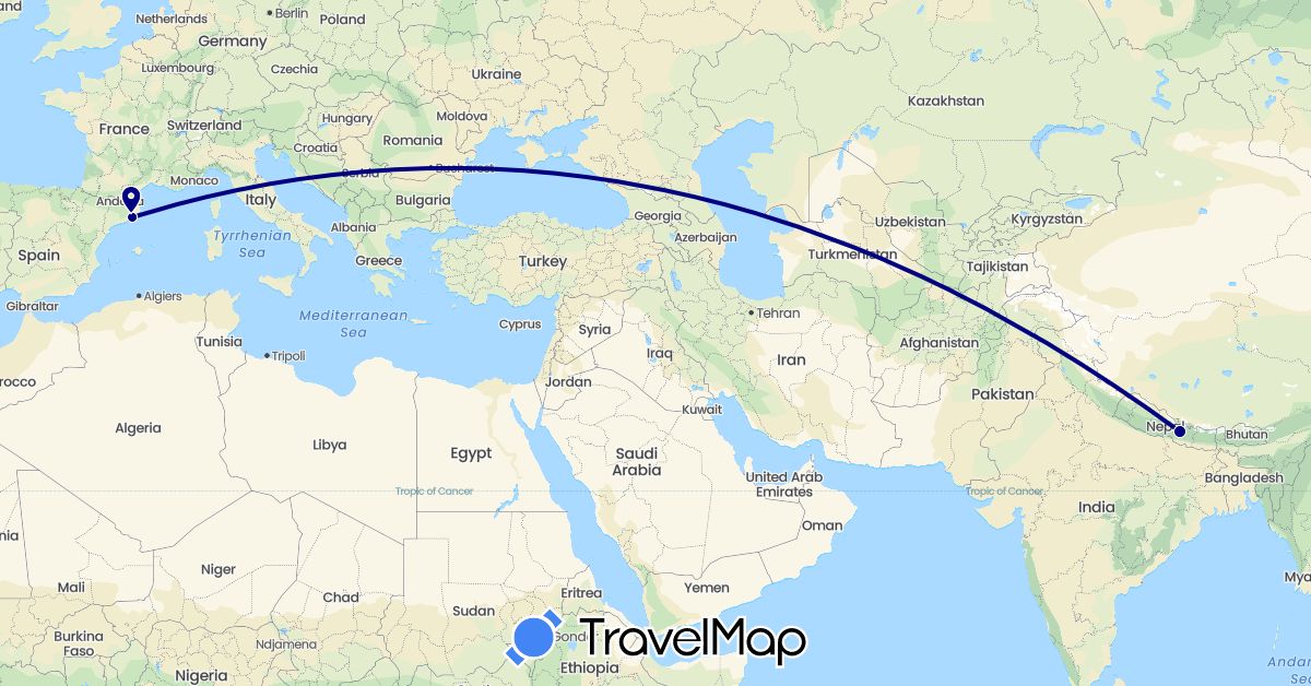 TravelMap itinerary: driving in Spain, Nepal (Asia, Europe)